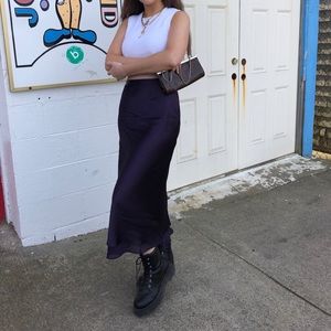 EGGPLANT PURPLE SILK MIDI SKIRT